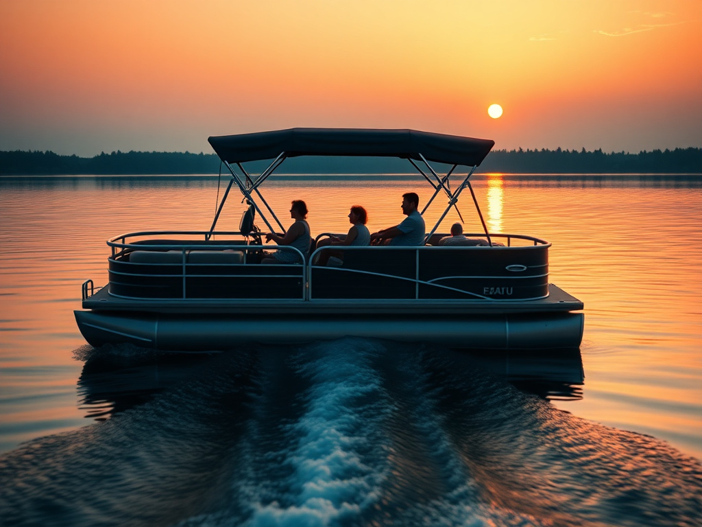 Family pontoon boat cruising on a calm lake at golden hour